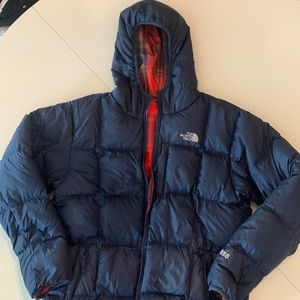 North Face 550 Down Navy/Plaid fully reversible hooded puffer jacket, boys sz XL